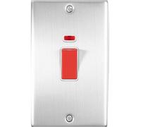 2 Gang Double 45A DP Switch & Neon SATIN STEEL & WHITE TRIM Vertical Rocker