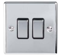 2 Gang Double Light Switch POLISHED CHROME 2 Way 10A Black Trim & Metal Rocker