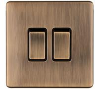 2 Gang Double Light Switch SCREWLESS Antique Brass 2 Way 10A Metal Rocker Slim - Decorative Kitchen Living Room Bedroom Plate