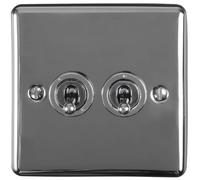 2 Gang Double Retro Toggle Light Switch Black Nickel 10A 2 Way Lever Plate - Classic Vintage Style Flick Lever Wall Plate