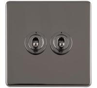 2 Gang Double Retro Toggle Light Switch SCREWLESS Black Nickel 10A 2 Way Lever - Classic Vintage Style Flick Lever Wall Plate