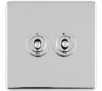 2 Gang Double Retro Toggle Light Switch SCREWLESS POLISHED CHROME 10A 2Way Lever