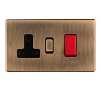 2 Gang Double SCREWLESS 45A Cooker Switch & 13A Switched UK Socket ANTIQUE BRASS