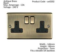 2 Gang Double UK Plug Socket ANTIQUE BRASS 13A Switched Mains Wall Power Outlet