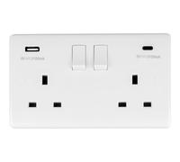 2 Gang Double UK Plug Socket & Dual 3.1A USB-C & A WHITE PLASTIC 13A Switched