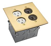 2 Gang Floor Box Kit, 20A Tamper/Weather Resistant Duplex Receptacle, 2 Port Data Module Ready for Jacks, Enerlites 705510-C-D, UL Listed - Brass