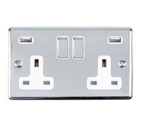 2 Gang Single UK Plug Socket & Dual 2.1A USB CHROME & White 13A Switched