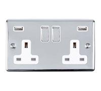 2 Gang Single Uk Plug Socket & Dual 2.1A Usb Chrome & White 13A Switched
