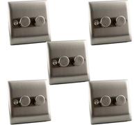 2-Gang Trailing Edge LED Dimmer Switch - Brushed Chrome Slim Edge - 2-100W LED / 10-250W Halogen - Rotary or Push On/Off - Stainless Steel Wall Plate - Modern Flat Design (Pack of 5)