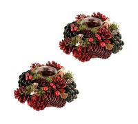 2 Glass Pine Cone Christmas Tea Light Candle Holder Jars Centrepiece Décor | Cinnamon Sticks, Artificial Foliage, Faux Berries, Tealight Holder