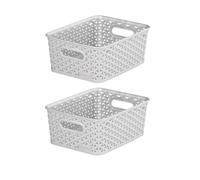 2 Grey 4L Curver Nestable Plastic Rattan Storage Basket 25.5 x 19.5cm