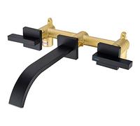 2 Handle Wall Mounted Brass Bathroom Sink Faucet Commercial Waterfall Square Basin Mixer Tap (Rough-In Valve Included), Matte Black