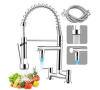 2 Hole Bridge Kitchen Mixer Tap, Dual Lever Sink Faucet with 360° Swivel Brass Spout & 2 Spray Modes, Corrosion-Resistant Ceramic Valve, Easy Install Deck Mounted for 180mm Centers UK Standard (C02)