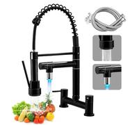 2 Hole Bridge Kitchen Mixer Tap, Dual Lever Sink Faucet with 360° Swivel Brass Spout & 2 Spray Modes, Corrosion-Resistant Ceramic Valve, Easy Install Deck Mounted for 180mm Centers UK Standard (C01)