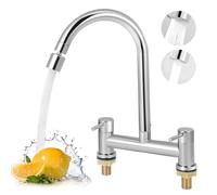 2 Hole Bridge Mixer Taps, Kitchen Sink Mixer Tap with 2 Function Aerator, Hot and Cold Dual Lever Kitchen Taps, 180mm Centers Deck Mounted Faucet, 1/4 Turn, 360° Swivel Spout, Chrome(Silver)