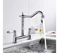 2 Hole Kitchen Sink Mixer Taps White Ceramic Dual Lever Chrome Kitchen Taps with Swivel Spout 180mm Bridge Deck Mounted 1/4 Turn Brass Body Polished Finish Hot & Cold Faucet with UK Standard Fittings