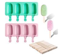 2 Ice Cream Molds, 50 Wooden Sticks, Silicone Ice Cream Mold Set, Oval Popsicle Molds, 4 Cavities, for DIY Ice Cream Making. (Green，Pink)