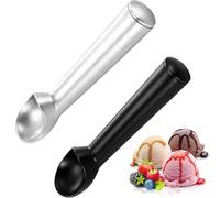 2 Ice Cream Scoops, Premium Stainless Steel Ice Cream Scoop Set, Efficient Ice Cream Spoons with Release Mechanism for Easy Serving, Black and White Colour Combination, Durable Metal Scoop Design