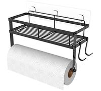 2-in-1 Adhesive Wall Mount Paper Towel Holder - 304 Stainless Steel Wire Rack with Storage Basket for Kitchen & Bathroom (Matte Black)
