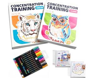 2-in-1 Adult Concentration Training Coloring Set | Number & Dot-to-Dot Pages, 48 Dual Color Patterns, 24 Quick Dry Acrylic Markers, Anxiety Relief Art Kit for Teens