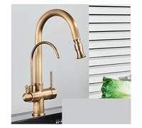 2-in-1 Antique Brass Kitchen Faucet with Pull-Out Sprayer & Water Filter 360° Swivel Mixer Tap Dual Function Kitchen Water Purifier Elegant and Practical Design