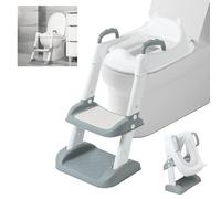 2 in 1 Baby Potty Training Seat with Safe Handles & Anti-Slip Step Cushion, Foldable Waterproof Toddler Toilet Seats Chair, Adjustable Height Infant Toilet Stool for 6 Months to 7 Years Old Kids(Grey)
