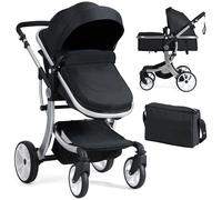 2 in 1 Baby Stroller Convertible Reversible Bassinet Pram with Rain Cover Foldable Aluminum Alloy Pushchair COSTWAY Black One Size