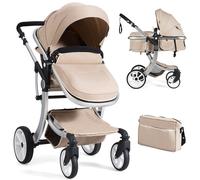 2 in 1 Baby Stroller Convertible Reversible Bassinet Pram with Rain Cover Foldable Aluminum Alloy Pushchair COSTWAY Light Khaki One Size