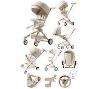 2 in 1 Baby Stroller, Foldable Pram, Feeding Chair, Baby Buggy, Reversible Pushchair, All in One Stroller, Newborns, Aluminium Frame, Lightweight, Shock Absorbers, Music, Footrest Cream