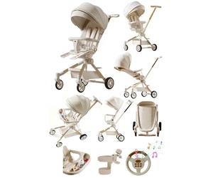 2 in 1 Baby Stroller, Foldable Pram, Feeding Chair, Baby Buggy, Reversible Pushchair, All in One Stroller, Newborns, Aluminium Frame, Lightweight, Shock Absorbers, Music, Footrest Cream