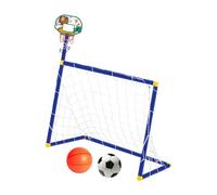 2 in 1 Basketball Hoop and Soccer Goal Net Sports Toy with 2 Balls Folding Practice Nets for Indoor Outdoor Backyard Play- blue
