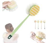 2-in-1 Bath Scrubber & Back Brush - Extra Long Handle, Soft Bristles, Exfoliating Shower Ball, Anti Slip Long Handle Bath Brush with Stiff and Soft bristles, Wet or Dry (Green-A)