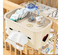 2 in 1 Bedside Hanging Storage Baskets Dormitory Bunk Bed Pocket Storage Bag Organizer Caddy Desktop Storage Rack for Mobile Phone Magazine Books (Pattern 3-Beige with lid)