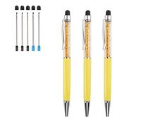2 in 1 Bling Crystal Diamond Pen 3 Pieces Capacitive Touch Screen Stylus with Replacement Refills Black Blue Ink Rubber Tips for iPhone iPad Kindle Touchscreen Devices (Yellow)