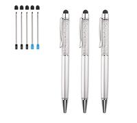 2 in 1 Bling Crystal Diamond Pen 3 Pieces Capacitive Touch Screen Stylus with Replacement Refills Black Blue Ink Rubber Tips for iPhone iPad Kindle Touchscreen Devices (Silver)