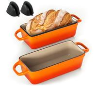 2 IN 1 Cast Iron Bread Loaf Pan with Lid, 3.4QT 9x5 Inch Dutch Oven for Bread Baking, Even Heating Bread Oven, Enameled Bread Pan for Homemade Sourdough Bread Baking & Versatile Cooking, Orange