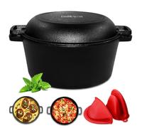 2-in-1 Cast Iron Double Dutch Oven, 5.5 Quart Pre-Seasoned and Dual Handles Skillet Pot Set for Bread Baking, Camping, Frying - Oven, Grill, Campfire and Stovetop Safe, Black