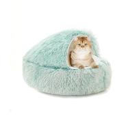 2-In-1 Cat Cave Bed Igloo, Semi-Enclosed Kitten Sleeping Basket Pillow, Calming Anti Anxiety Pet Hideaway, Round Dog House Cushion, Fluffy Winter Puppy Nest (65×65×20cm,Green)