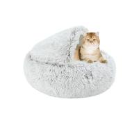 2-In-1 Cat Cave Bed Igloo, Semi-Enclosed Kitten Sleeping Basket Pillow, Calming Anti Anxiety Pet Hideaway, Round Dog House Cushion, Fluffy Winter Puppy Nest (60×60×20cm,Brown)