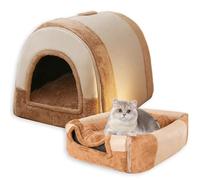 2-in-1 Cat House Bed with Roof Large Dog Bed,Foldable Calming Pet Cave Warm Plush Cat Beds for Indoor Cats Anti-Slip Cats Sofa with Washable Anti Anxiety Cushion (Brown,42x32x30CM-S)