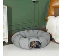 PawHut Cat Tunnel with Bed, Large Foldable 2 in 1 Cat Play Tunnel Donut Bed for Indoor with Ball & Peek Hole, Interactive Toys for Kitten, Puppy, Rabbits, Grey