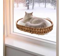 2-in-1 Cat Window Perch and Wall Shelves with Solid Wood, Wicker Window Perch for Cats Inside with 4 Upgraded Suction Cups, 16.1" Washable Cushion Cat Perches Bed for Sleeping and Watching Birds