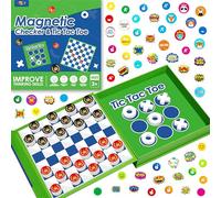 2 in 1 Checkers Set, Magnetic Game Board -Checkers & Tic-Tac-Toe, Thick Foam Checker Road Travel Game with 59 Reward Stickers for Young Kids Aged 3+