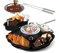2-in-1 Chocolate Melting Pot, 12-ounce Chocolate Fondue Set with 4 Detachable Trays, 4 Roasting Forks and 1 Heated Bowl, 280W Fondue Pot Electric Set for Graham Crackers, Chocolate, Marshmallows