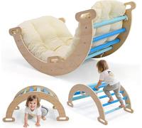 2-in-1 Climbing Arch with Armrests, Wooden Climbing Arch with Cushion, Natural Wood, Non-Slip Foot Mat, Montessori Arch for Babies 1-6 Years Old ((2-piece set - small - blue)))