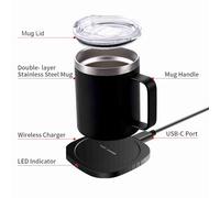 2 IN 1 Coffee Mug Warmer and Wireless Charger with Cup and Lid 55℃/131℉ Intelligent Constant Temperature 10.5oz Food Grade Double Layer 304 Stainless Steel Beverage Cup Warmer for (Black)