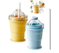 2-in-1 Collapsible Silicone Ice Ball Maker Cup,2pc Portable Foldable Ice Hockey Cupwith Straw & Lid,Reusable IceSphere Mold,Easy Demolding,Leak-Proof Coffee Cup for Camping,Office,Summer Cold Drinks