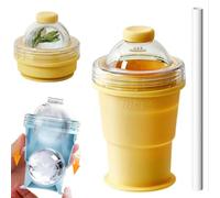 2 in 1 Collapsible Silicone Ice Ball Maker Cup, Foldable Ice Hockey Cup, 6cm Large Sphere IceCubes Tray with Straw, Leakproof ICES Ball Coffee Cups for Camping, Office, Cocktails, & Juice (Yellow)
