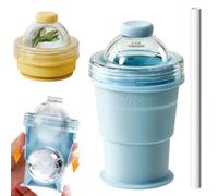 2 in 1 Collapsible Silicone Ice Ball Maker Cup, Foldable Ice Hockey Cup, 6cm Large Sphere IceCubes Tray with Straw, Leakproof ICES Ball Coffee Cups for Camping, Office, Cocktails, & Juice (Blue)