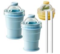 2 in 1 Collapsible Silicone Ice Ball Maker Cup, Foldable Ice Hockey Cup, 6cm Large Sphere IceCubes Tray with Straw, Leakproof ICES Ball Coffee Cups for Camping, Office, Cocktails, & Juice (2pcs Blue)